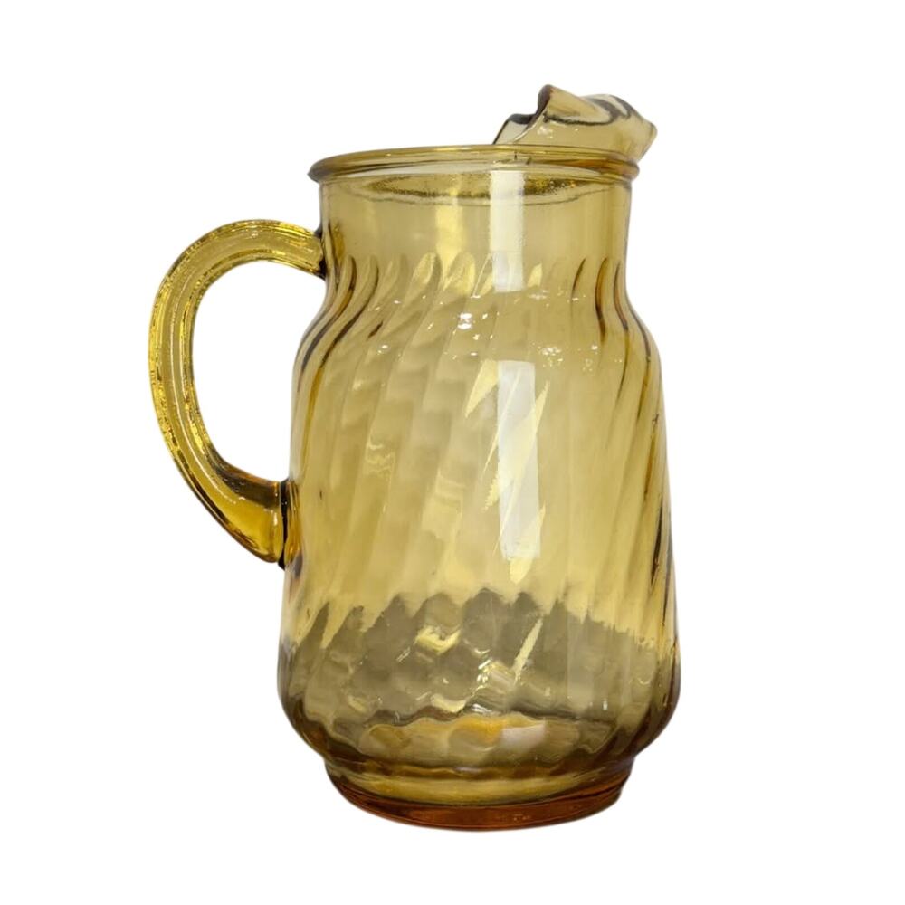 Vintage MCM Yellow Swirl Optic Glass Pitcher US Made Bartlett Collins 2Qt - EUC